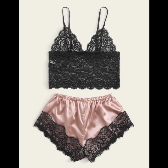Pastel Pink & Black, Lace & Satin, Lingerie Set - Picture 2 of 6